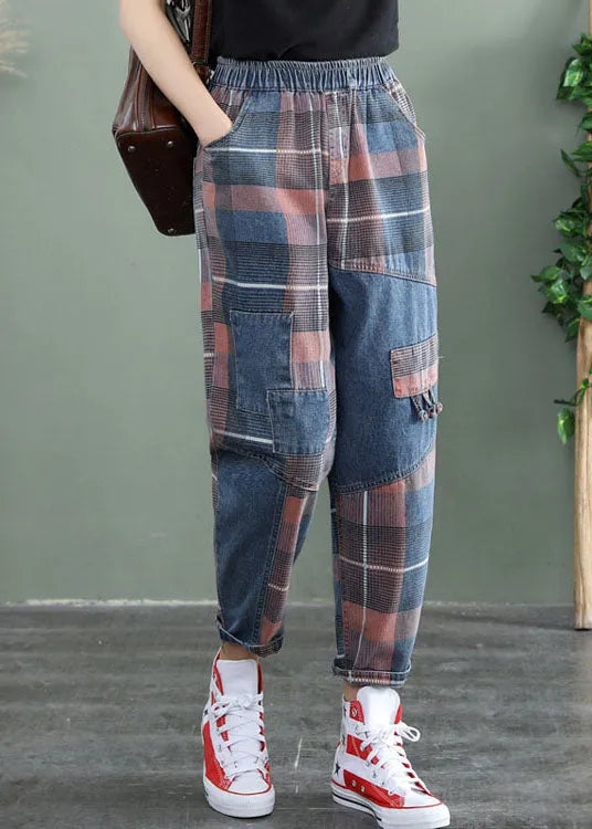 Blue Plaid Patchwork Denim Pants Spring