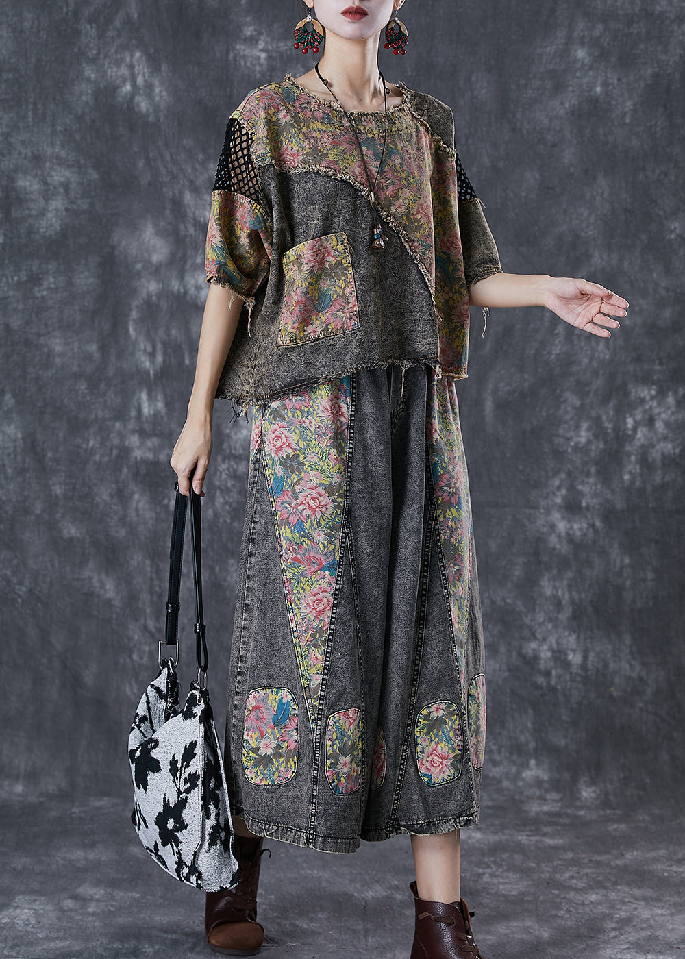 Diy Asymmetrical Patchwork Denim Two Piece Set Clothing Fall