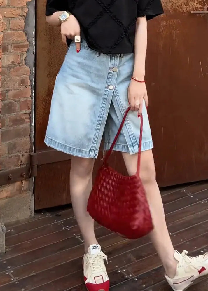 Blue Button False Two Pieces Denim Shorts Summer