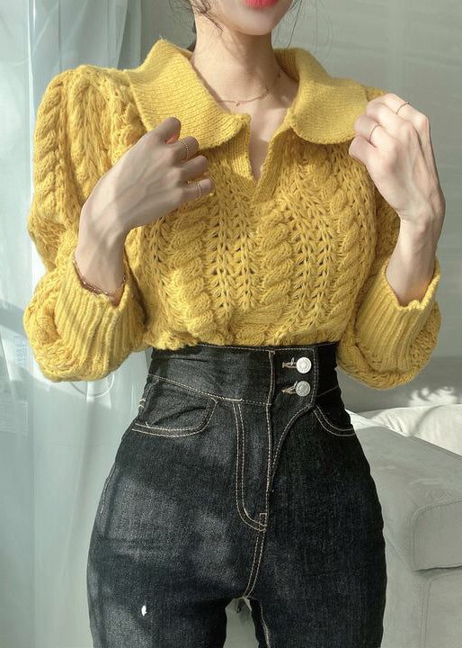 Green Peter Pan Collar Hollow Out Patchwork Knit Short Pullover Lantern Sleeve