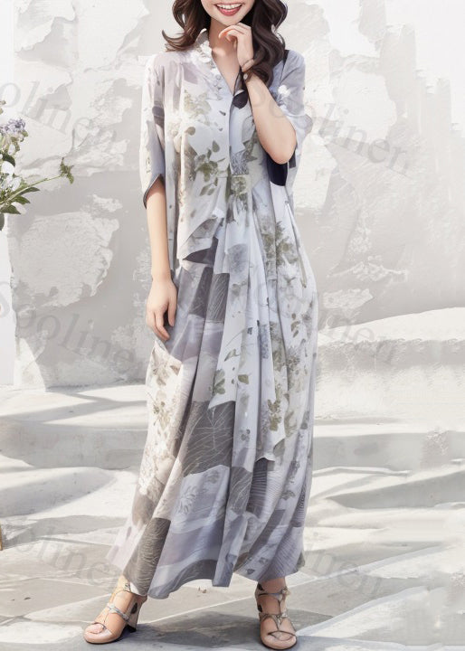 Loose Light Grey V Neck Print Silk Long Dress Short Sleeve