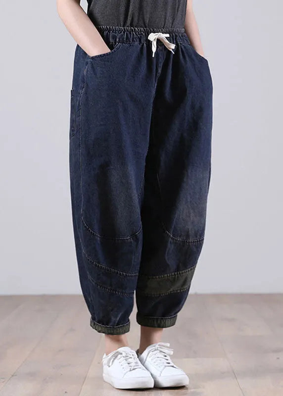 Blue Elastic Waist Pockets Harem Denim Fall Patchwork Pants