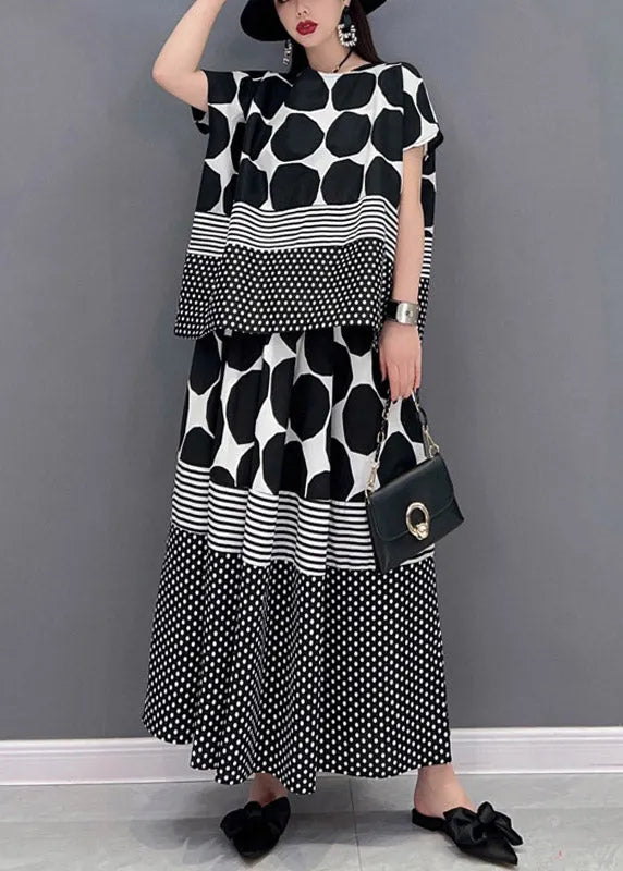 Loose Grey O-neck Dot Print Chiffon Tops and Skirts Two Pieces Set Short Sleeve