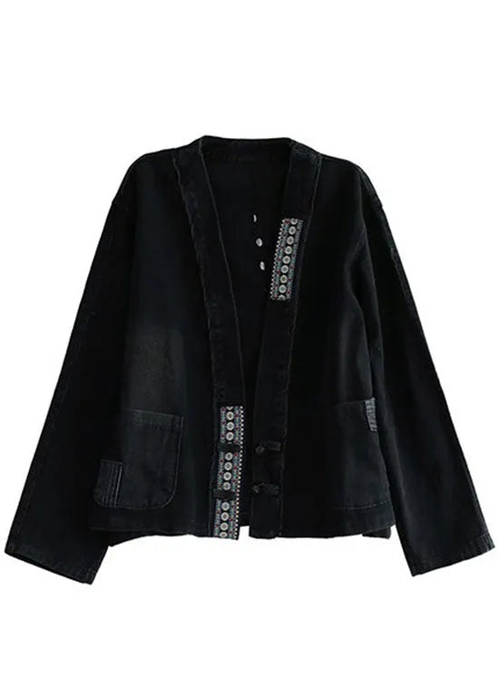 Black Embroideried Pockets Button Patchwork Fall Denim Coat
