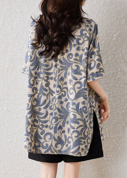 Khaki Oversized Print Cotton Blouses Summer
