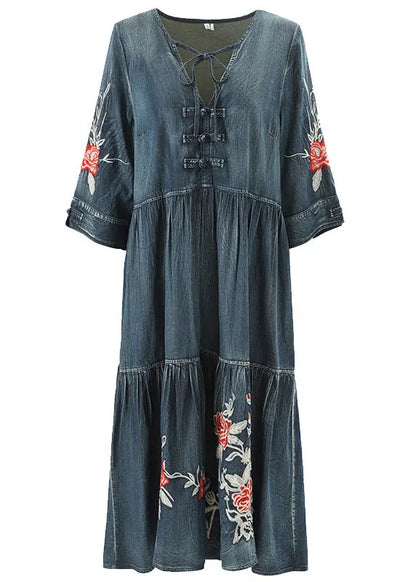Boutique Blue V Neck Embroideried Cotton Holiday Denim Dress Half Sleeve