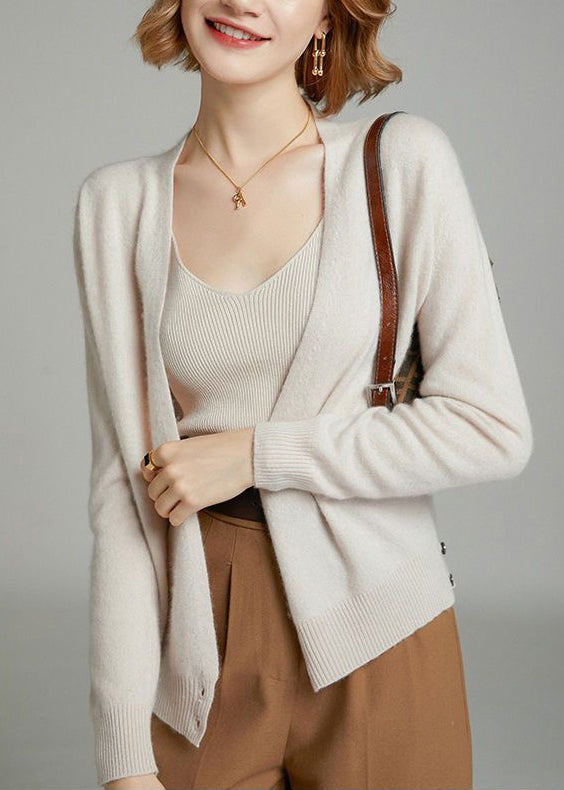 Beige V Neck Button Patchwork Woolen Knit Cardigan Fall