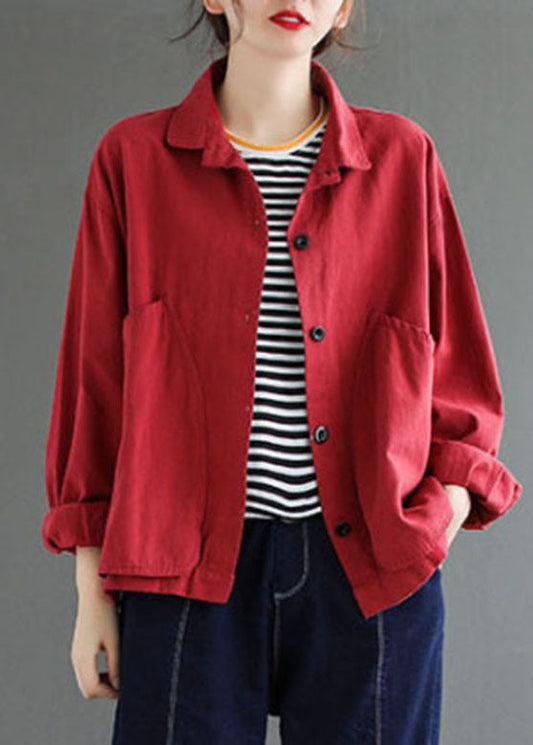 Red Button Peter Pan Collar Coats Long Sleeve