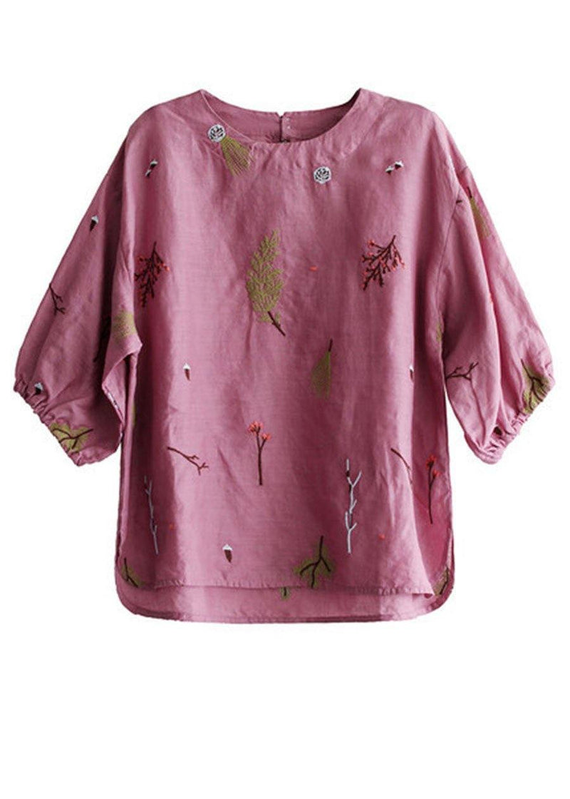 Pink O-neck Embroideried Summer Linen Blouses