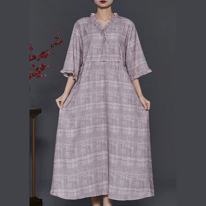 Art Grey Ruffled Drawstring Cotton Long Dress Summer