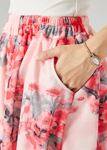 Pink Plum Blossom Print Cotton a Line Skirts Spring