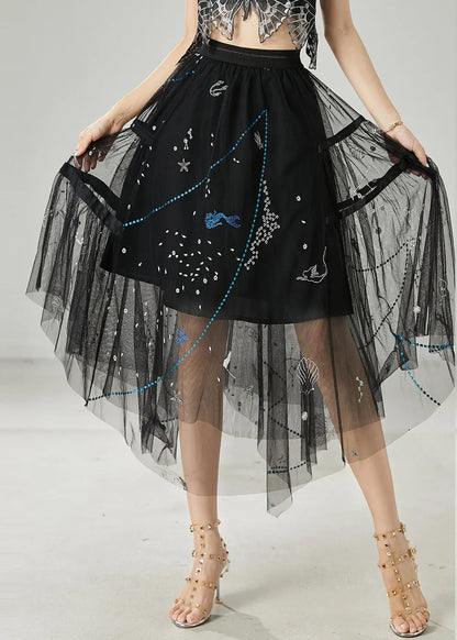 Black Sequins Rhinestone Tulle Skirts Summer
