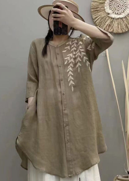 Retro Pink Stand Collar Embroidered Linen Shirts Bracelet Sleeve