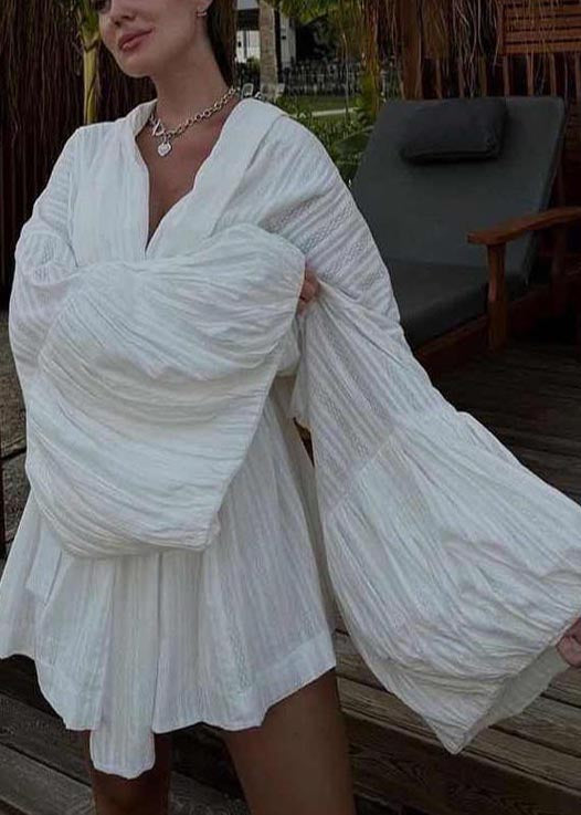 Modern White Cotton Cardigan and Shorts Two Pieces Set Lantern Sleeve