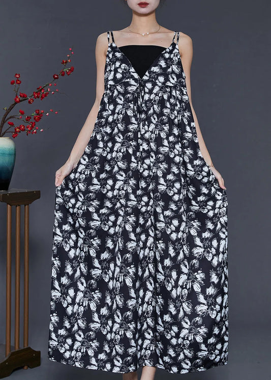 Black Print Exra Large Hem Chiffon Sundress Summer