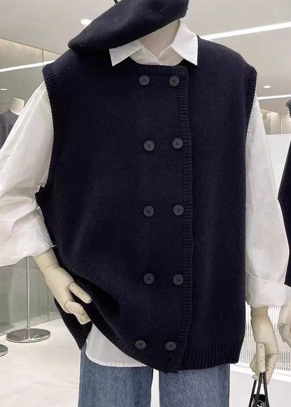 Grey O Neck Double Breast Patchwork Knit Vest Sleeveless