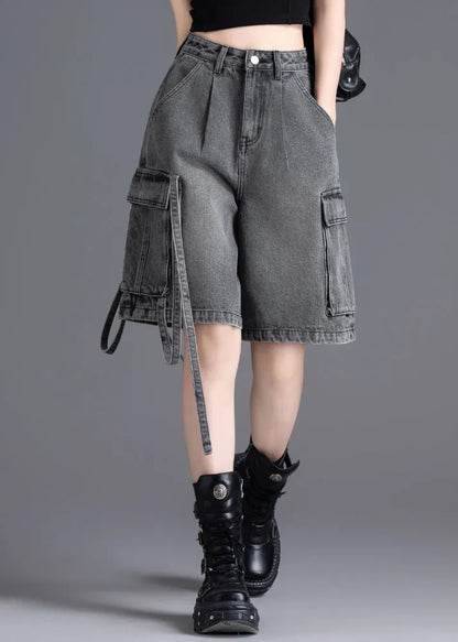 Grey Oversized Pockets Denim Crop Pants Summer