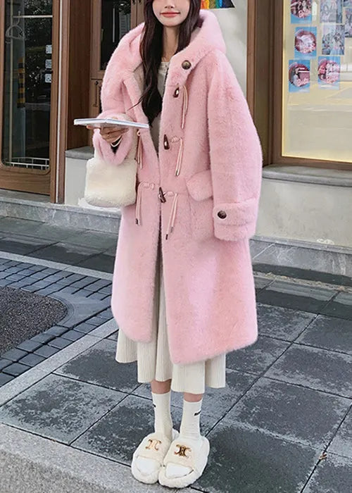 Pink Button Pockets Mink Velvet Coat Hooded Winter