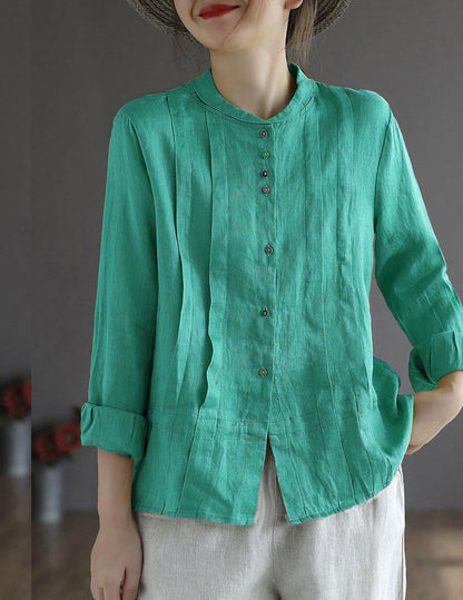 Blue Flower Button Fall Top Long Sleeve Linen