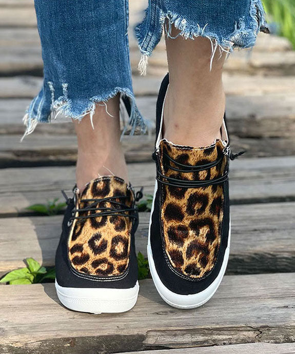 Black Leopard Print Flat Feet Shoes Splicing Lace Up Flat Feet Shoes