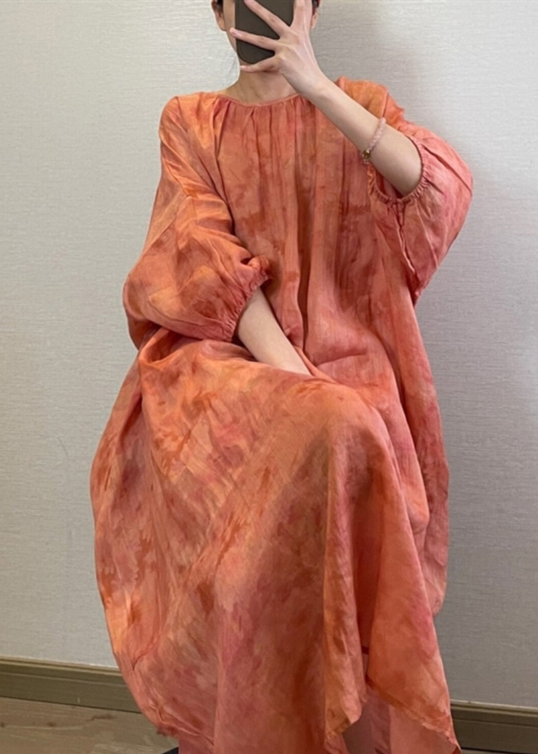 Natural Orange O-neck Tie Dye Maxi Dress Lantern Sleeve