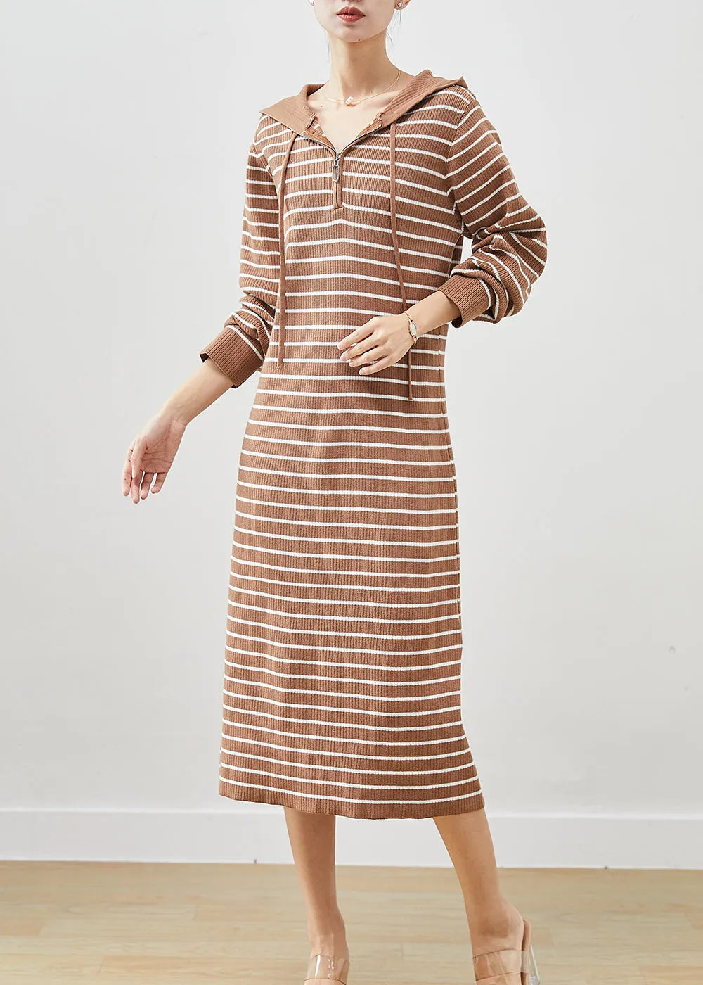 Khaki Hooded Striped Knit Sweatshirts Dress Winter
