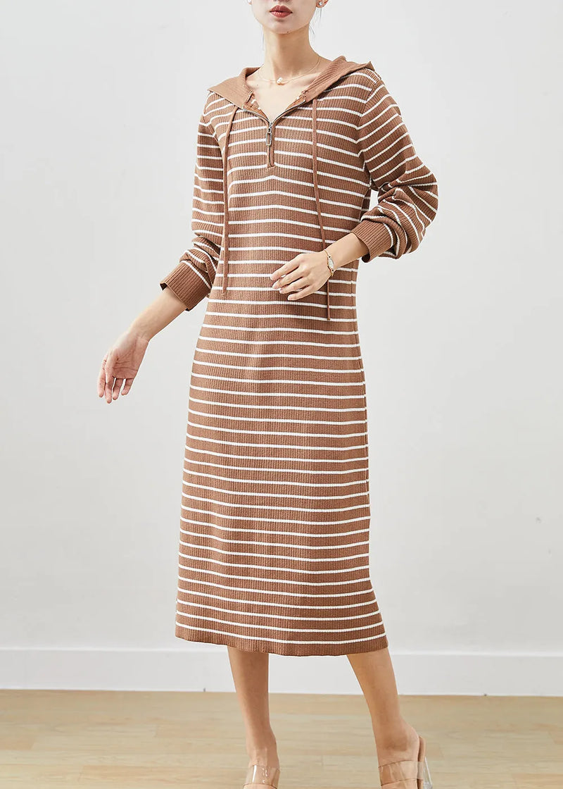 Khaki Hooded Striped Knit Sweatshirts Dress Winter