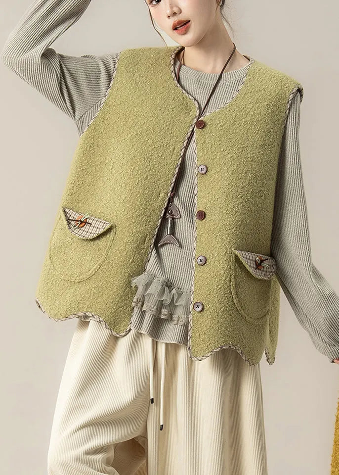 Green Button Faux Fur Waistcoat and Top Two Pieces Set Sleeveless