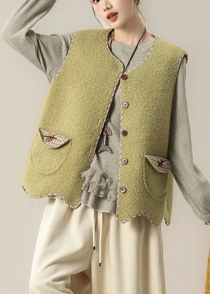 Green Button Faux Fur Waistcoat and Top Two Pieces Set Sleeveless