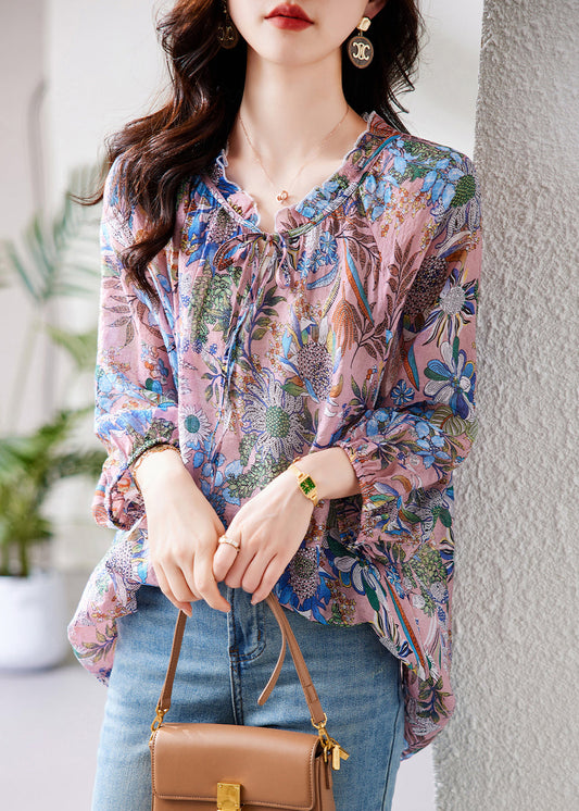 Purple Ruffled Print Lace Up Cotton Shirt Tops Fall
