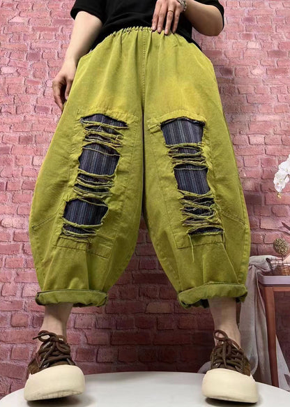 Rose Pockets Elastic Waist Ripped Denim Pants Spring