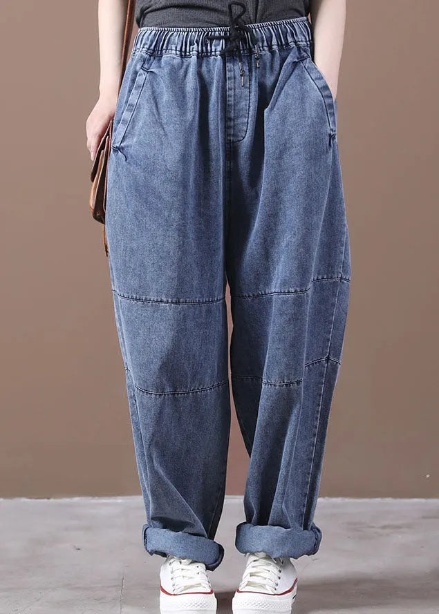 Blue Cinched Pockets Denim Pants Spring