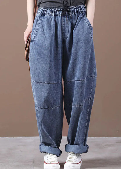 Blue Cinched Pockets Denim Pants Spring