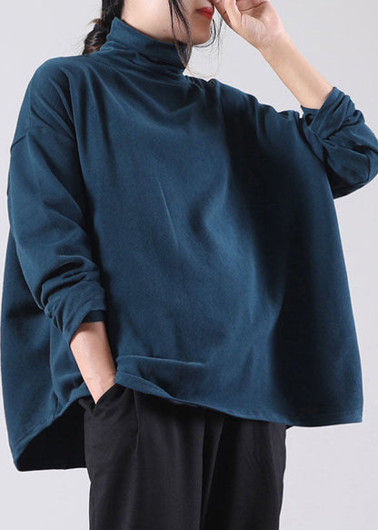 French Blue Turtle Neck Cotton Pullover Street Wear Spring