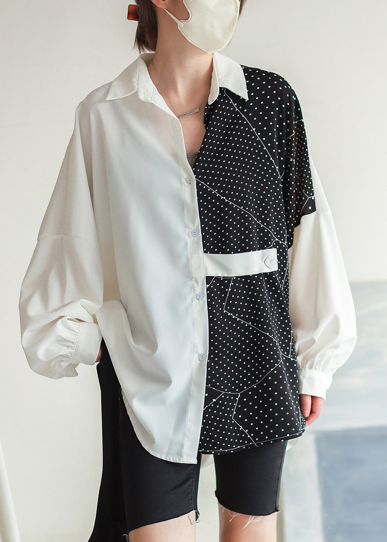 White Dot Asymmetrical Button Chiffon Shirt Batwing Sleeve