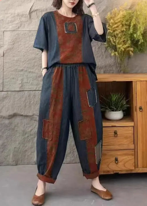 Navy Patchwork Applique Denim Two Pieces Set Oversized Summer