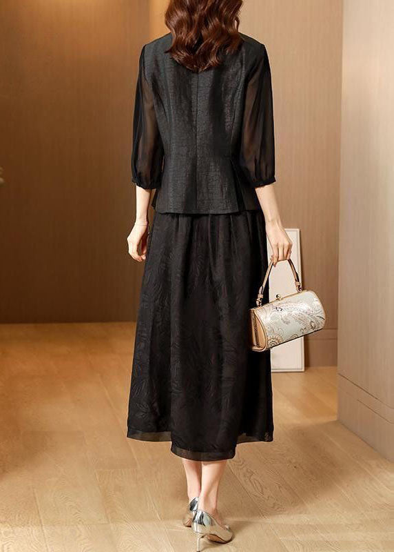 Black V Neck Patchwork Slim Fit Silk Two Pieces Set Half Sleeve