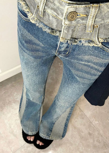 Blue Pockets High Waist Denim Pants Spring
