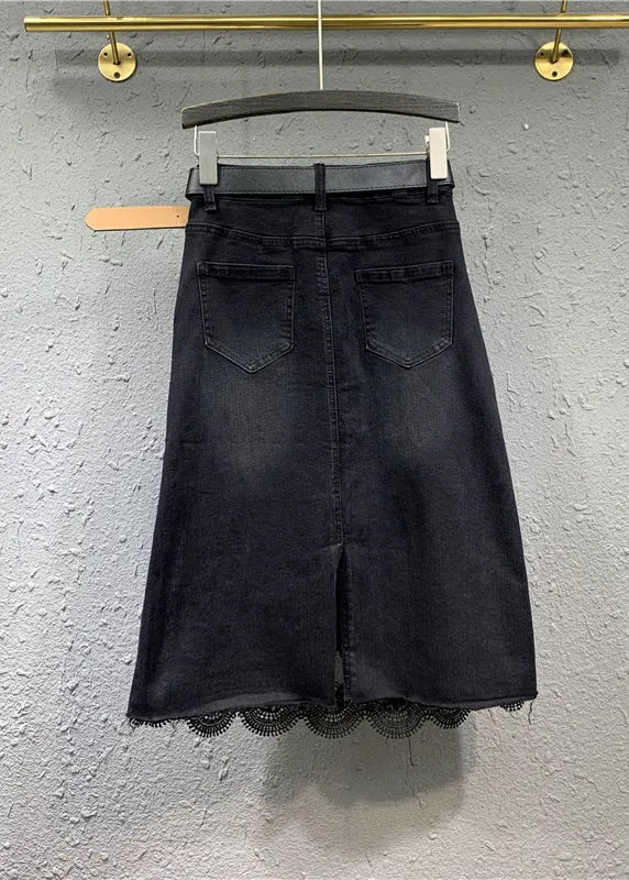 Black Lace Pockets Patchwork Denim Skirt Spring