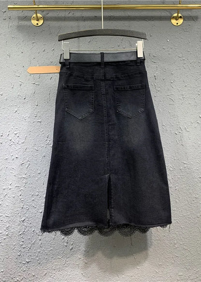 Black Lace Pockets Patchwork Denim Skirt Spring