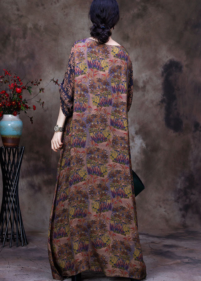 Coffee O-neck Lace Patchwork Print Silk Dresses Long Sleeve