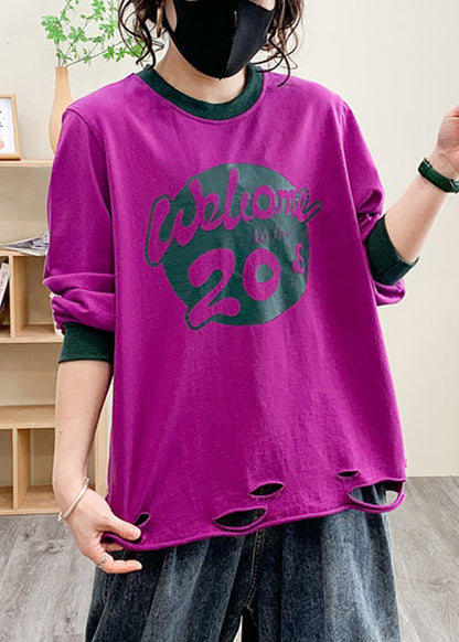 Purple Hole Print Cotton Tops Long Sleeve