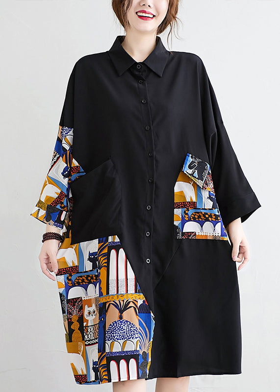 Black Button Print Patchwork Cotton Blouses Dress Fall