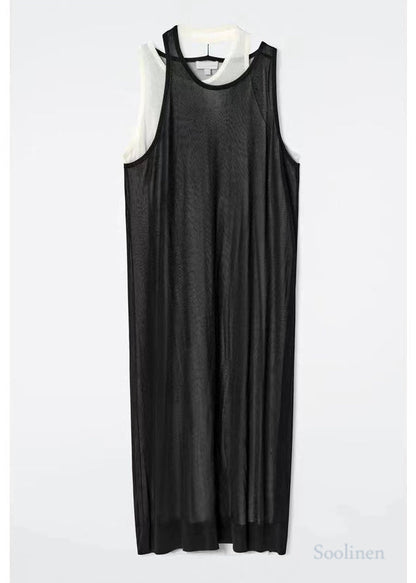 Italian Black Asymmetrical Design Layered Cotton Maxi Dress Summer