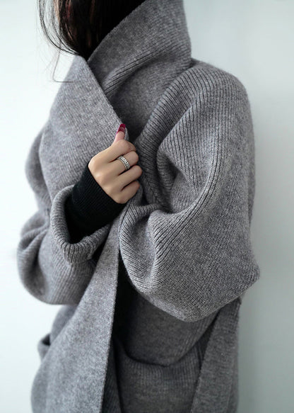 Grey Pockets Tie Waist Knit Loose Cardigans Spring