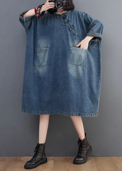 Denim Blue O-neck Patchwork Button Long Dress Long Sleeve