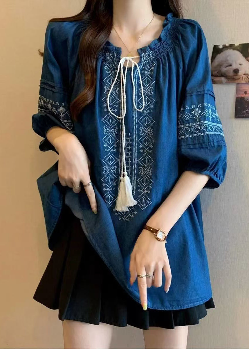 Navy Ruffled Embroidered Cotton Blouses Bracelet Sleeve