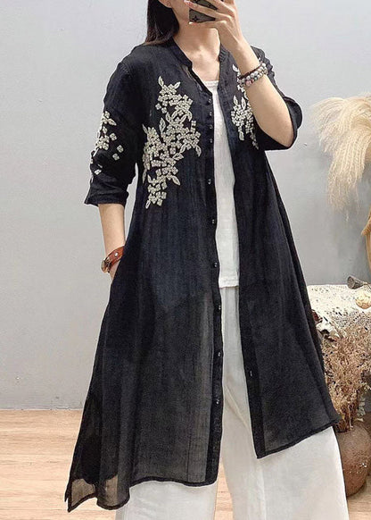 Fitted White Stand Collar Embroideried Linen Long Shirts Three Quarter Sleeve