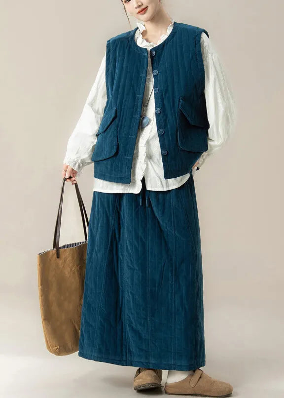 Blue O-neck Thick Waistcoat ,shirts and Maxi Skirts Three Pieces Set Lantern Sleeve