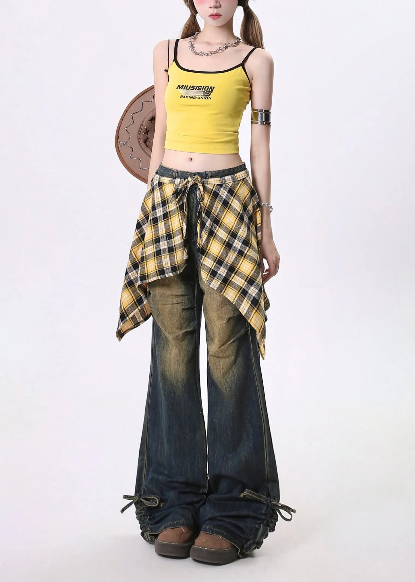 Navy Cinched Exra Large Hem Denim Flared Trousers Pants Spring